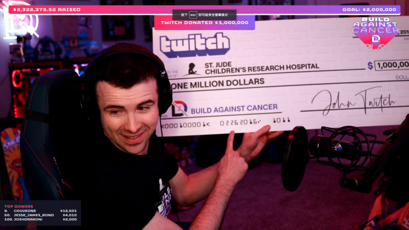 Twitch 捐贈 100 萬美元給 St.Jude 兒童慈善醫院，實況主當場爆淚！